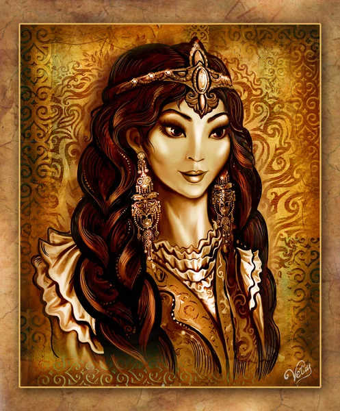 Красивая Иллюстрация Казахская Женщина Жена Краевое Платье Красивые Глаза Восточная Лицензионные Стоковые Изображения