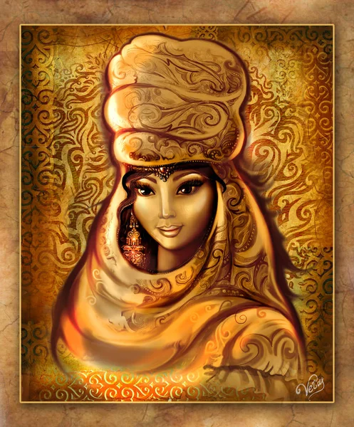 Красивая Иллюстрация Казахская Женщина Жена Краевое Платье Красивые Глаза Восточная Лицензионные Стоковые Фото